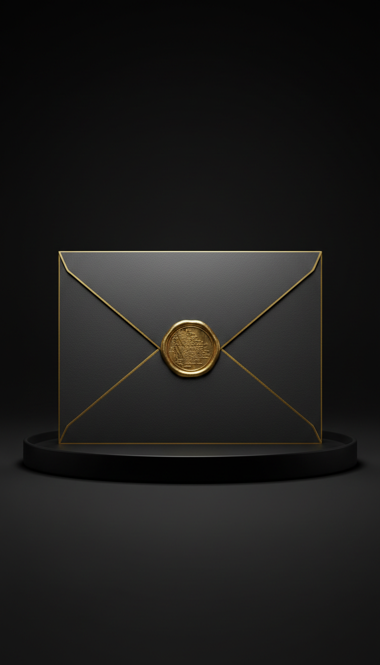 Shadow slate code envelope with gold-edged seal
